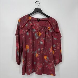 Lee Womens Boho Floral Print Blouse XL Burgundy Ruffle V‎ Neck Long Sleeve Top